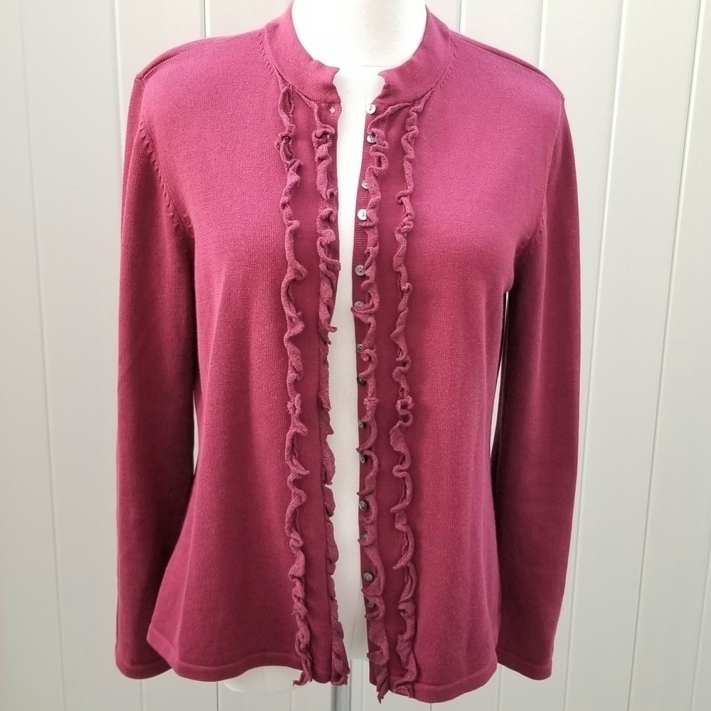 J. Jill Cherry Ruffled Buttondown Cardigan Sweater, Medium Petite
